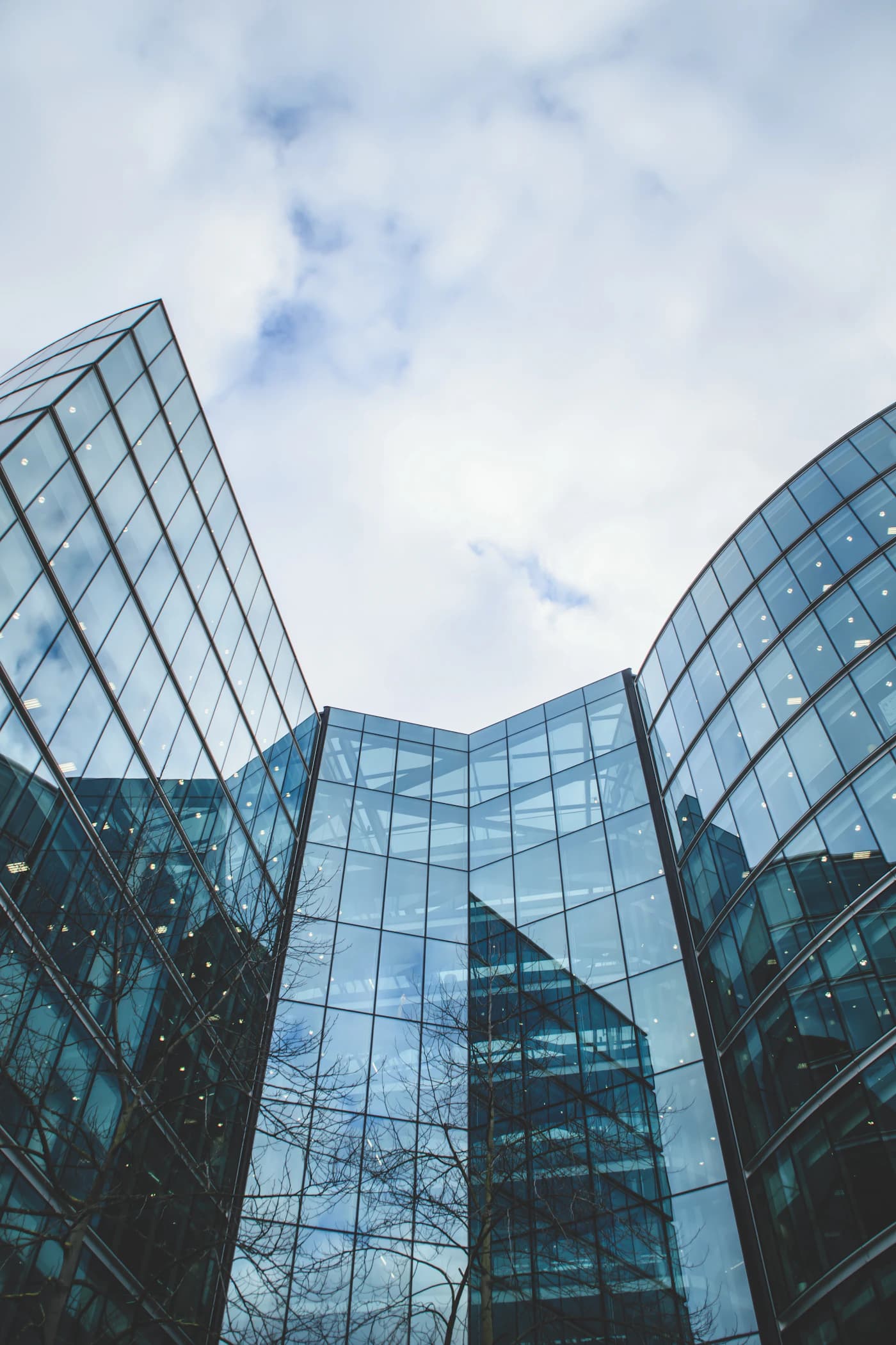 Modern glass commercial office building architecture and atrium facade