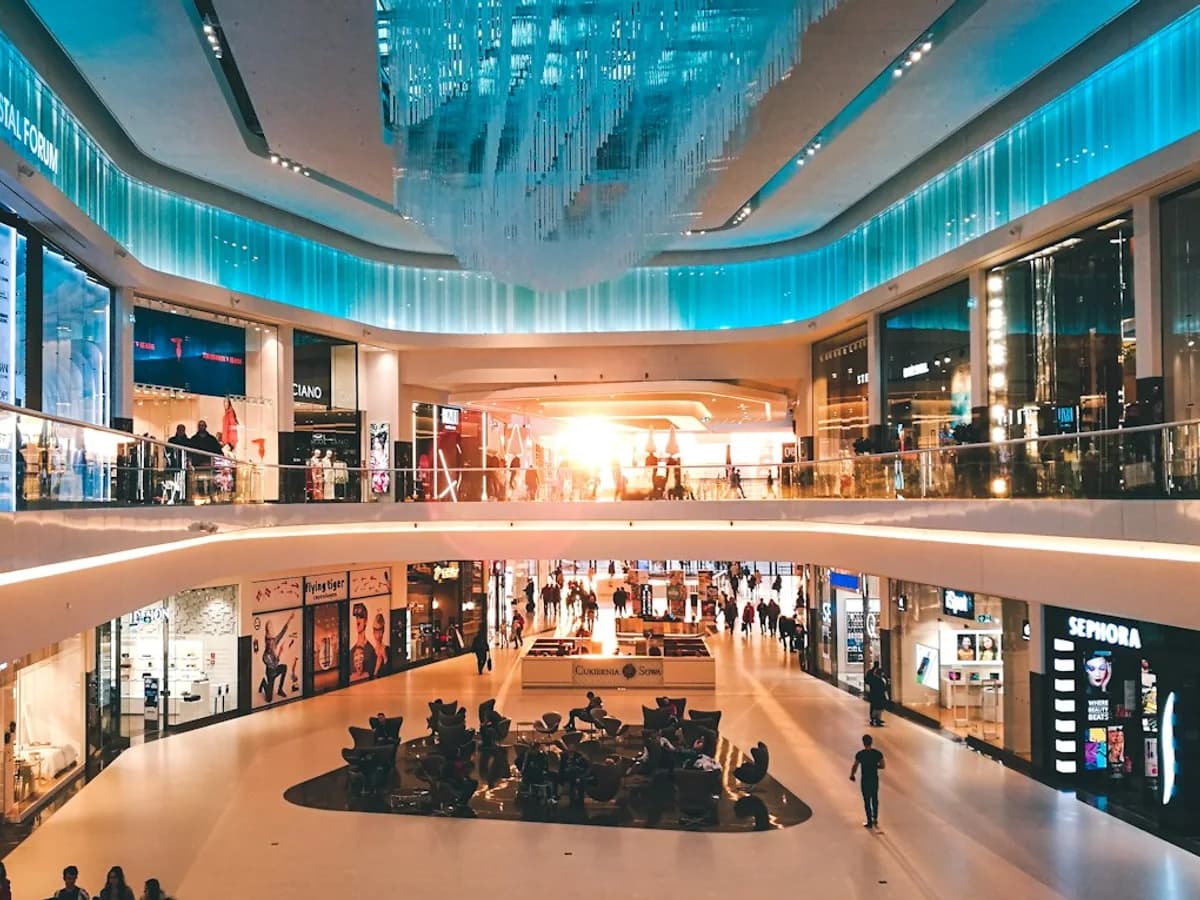 Multi-level retail shopping mall galleria with polished concourse floors